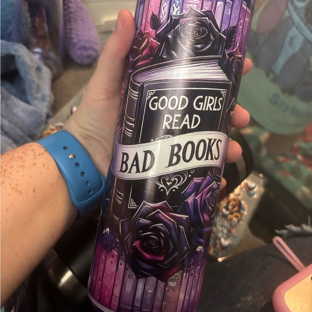 Purple and Black Book-Themed Tumbler
